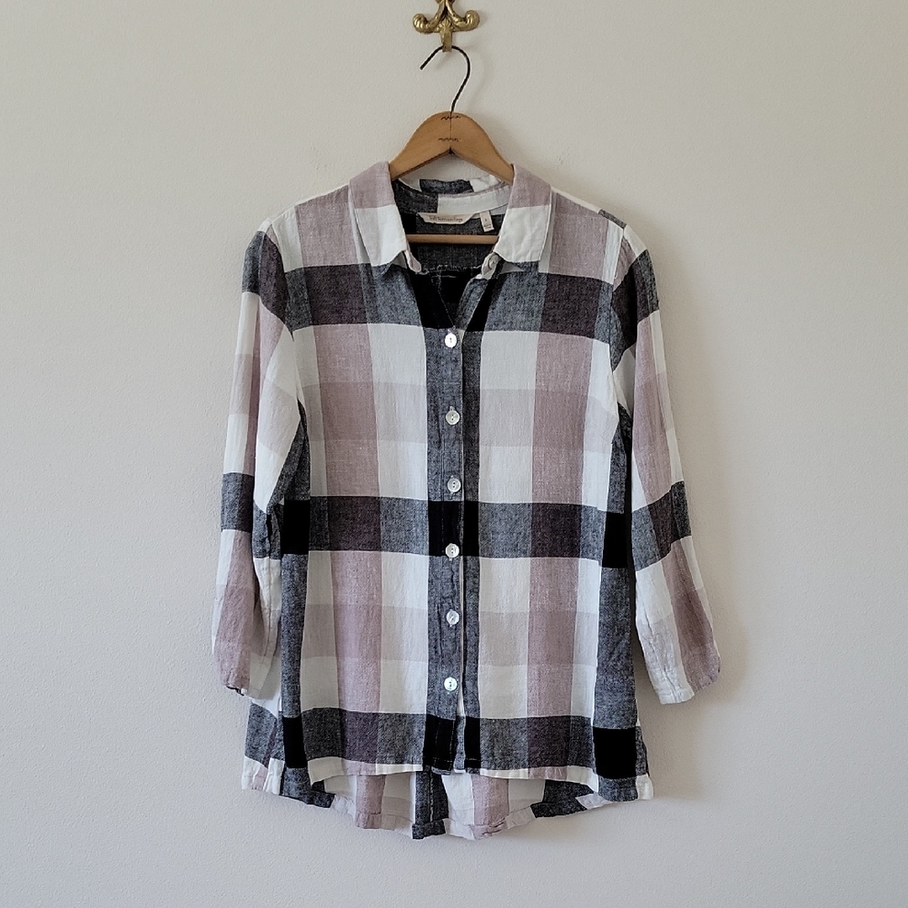 Soft Surroundings Carreaux Neutral Plaid Button Front Back Zipper Tunic Large